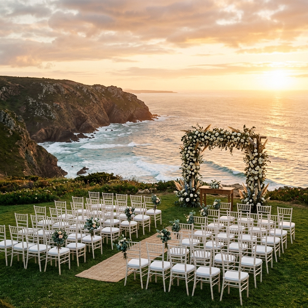Cerimónia de casamento ao pôr do sol