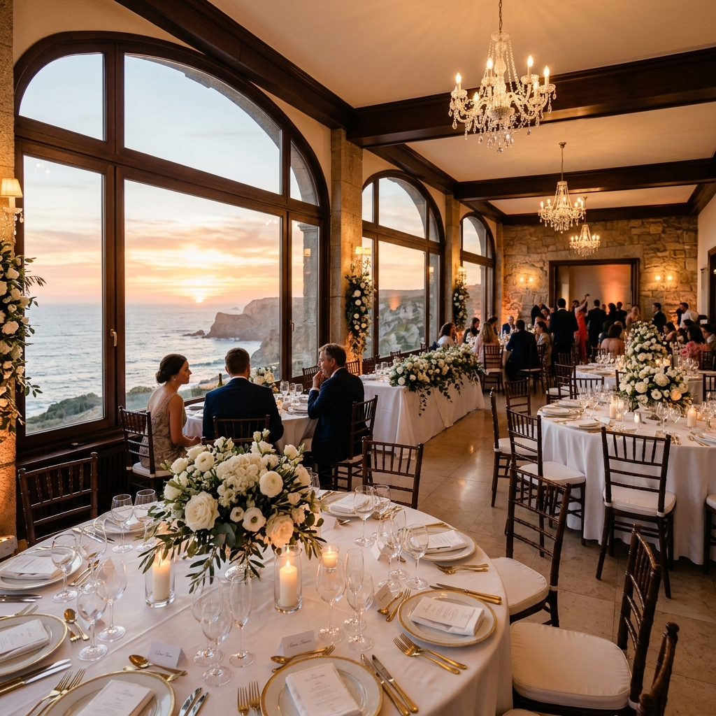 Salão de recepção elegante com vista para o mar