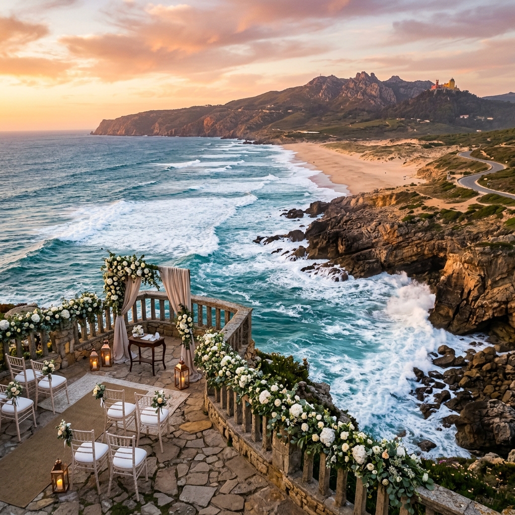 Vista panorâmica da Praia do Guincho ao pôr do sol